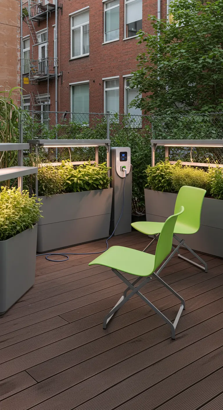 Modern terras met groeilampen boven plantenbakken en een laadpaal.