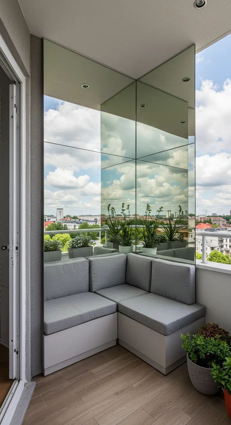Balkonhoek volledig bekleed met spiegels, waardoor de grijze hoekbank ruimtelijker lijkt.