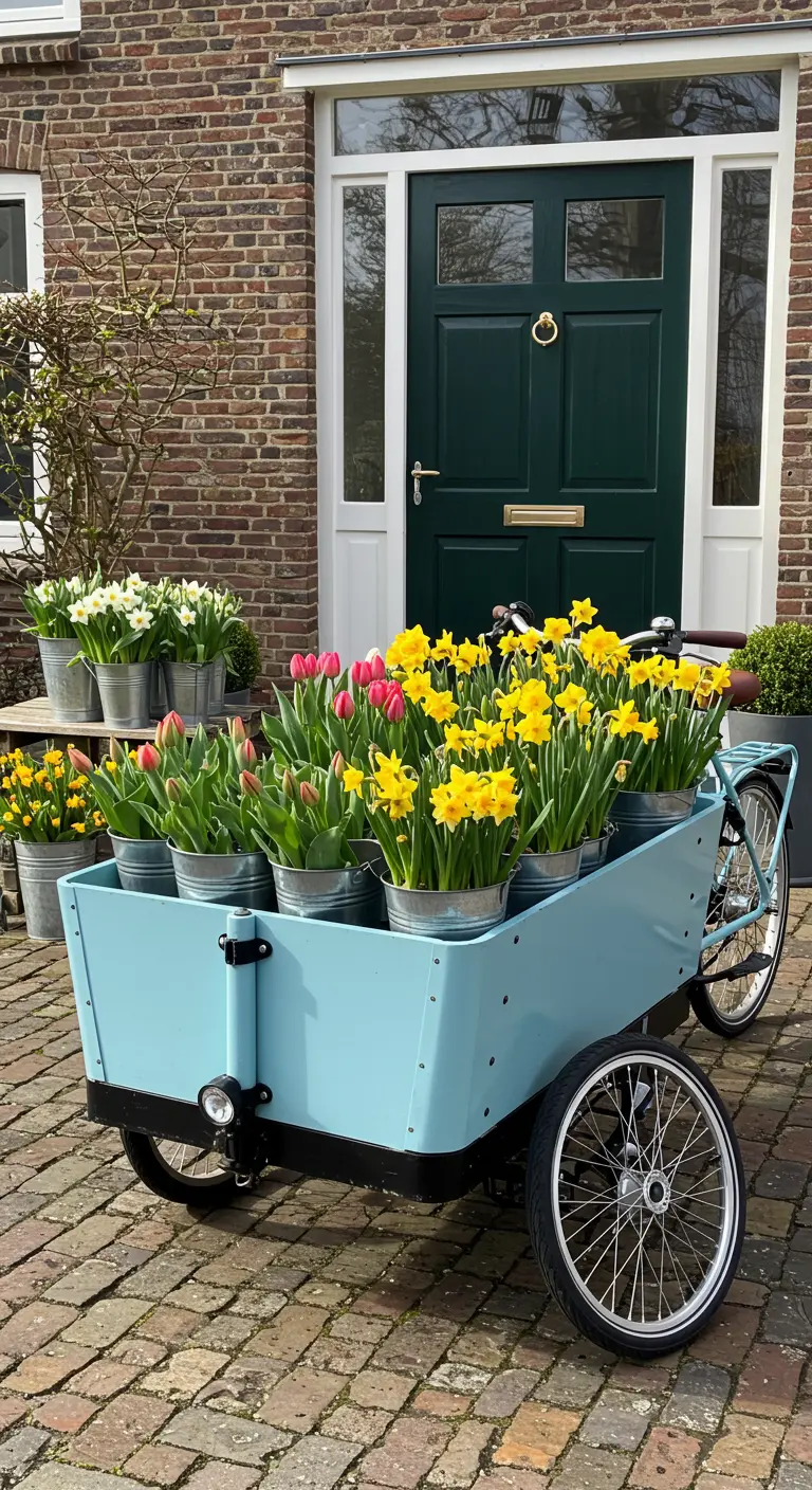 Lichtblauwe bakfiets gevuld met zinken emmers vol gele, roze en witte tulpen en narcissen.