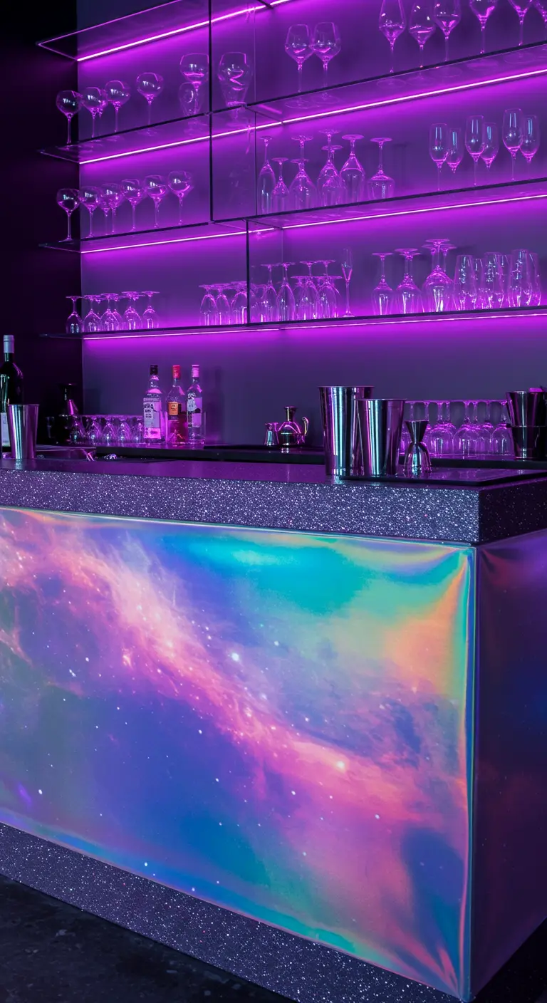 Bar bekleed met holografische folie, verlicht met paarse LED-strips.