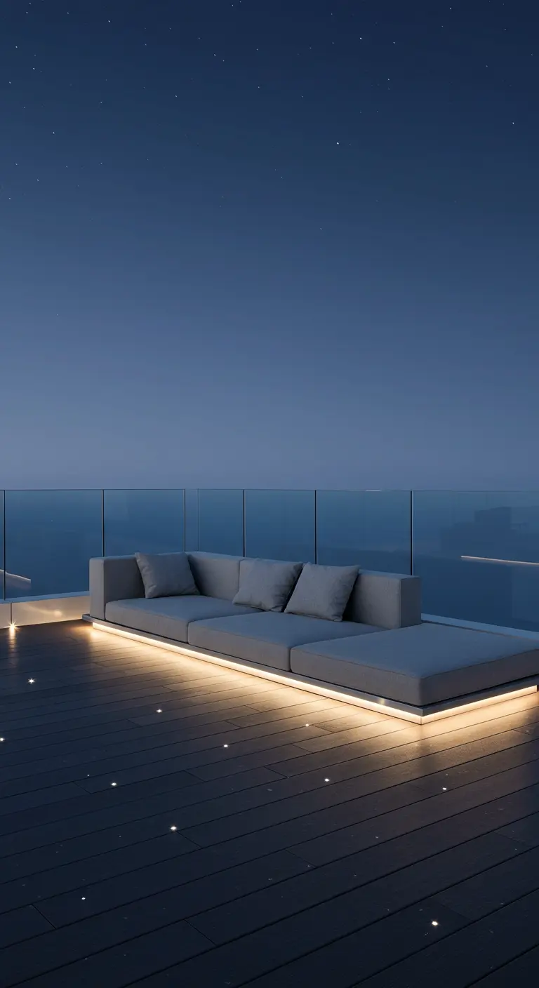 Minimalistische grijze loungebank met led-verlichting op een donker dakterras met glazen reling.