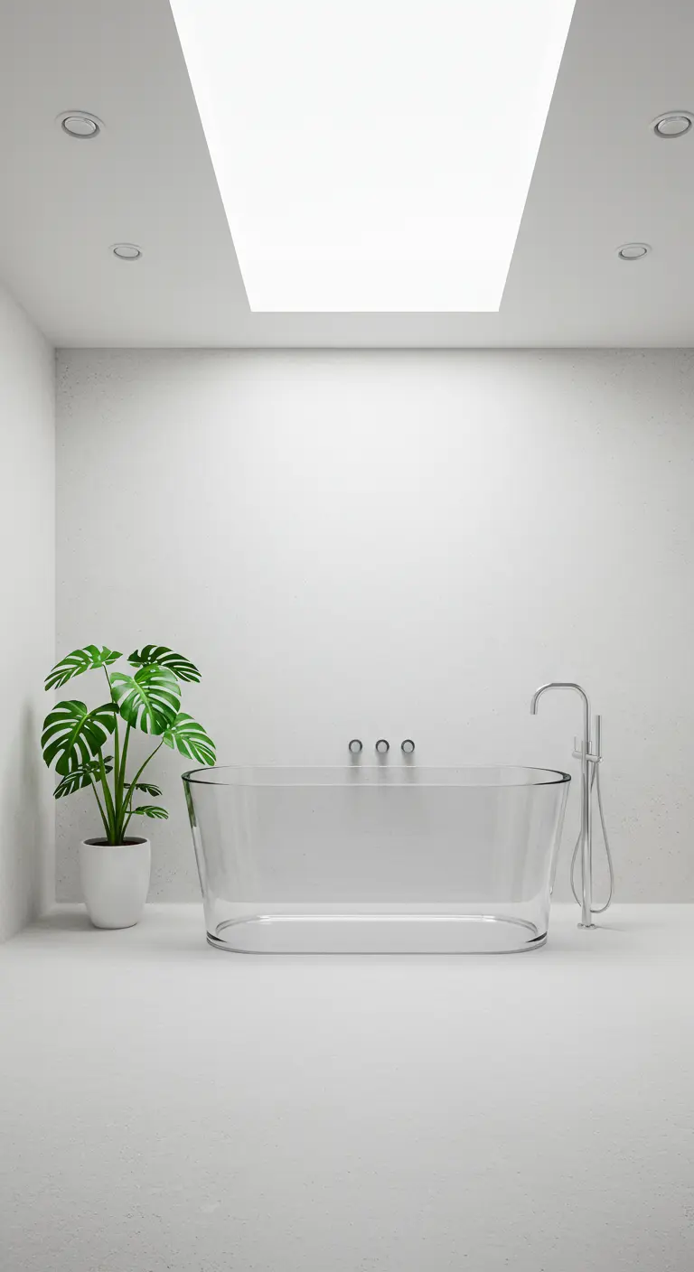 Transparant bad in een volledig witte, minimalistische ruimte met een grote groene plant.
