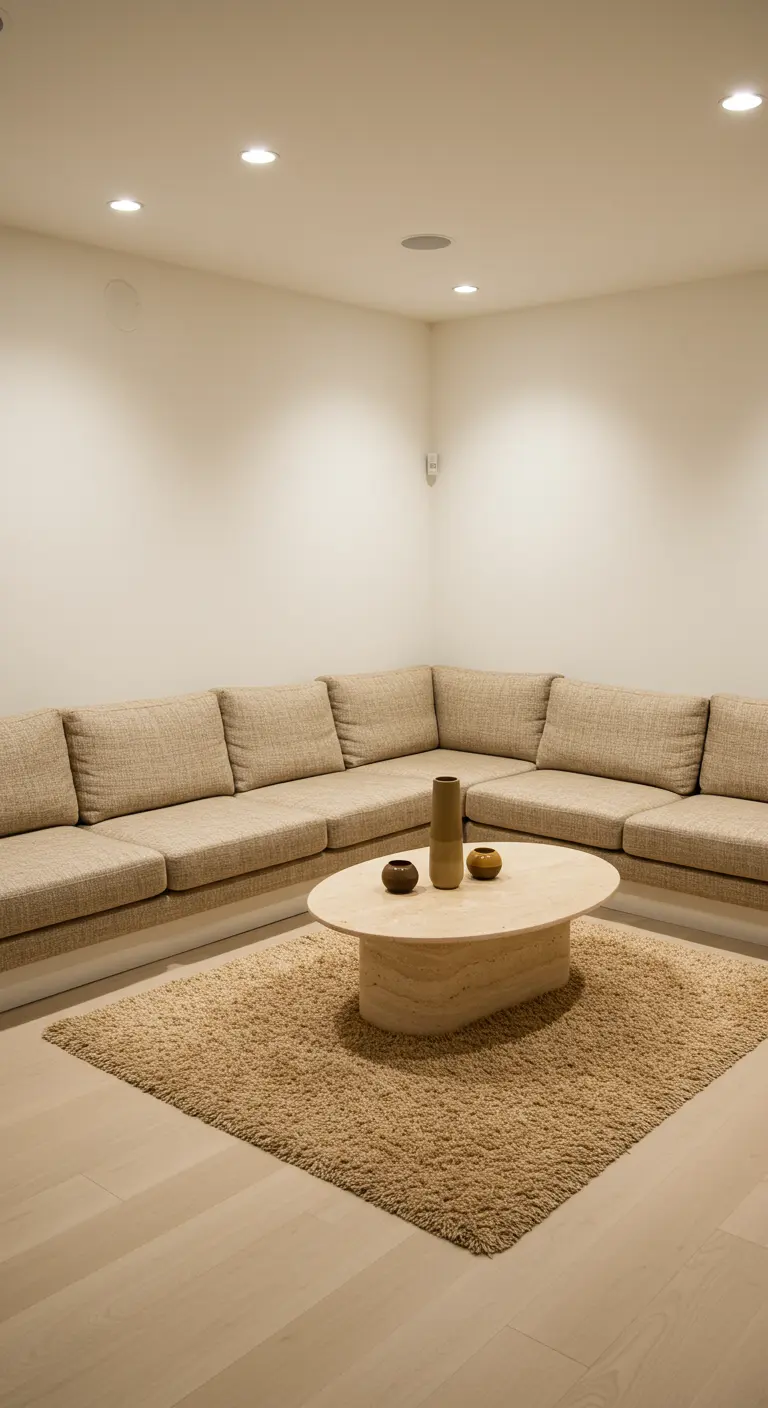 Grote, ingebouwde hoekbank in beige stof, met een organische salontafel op een hoogpolig kleed.