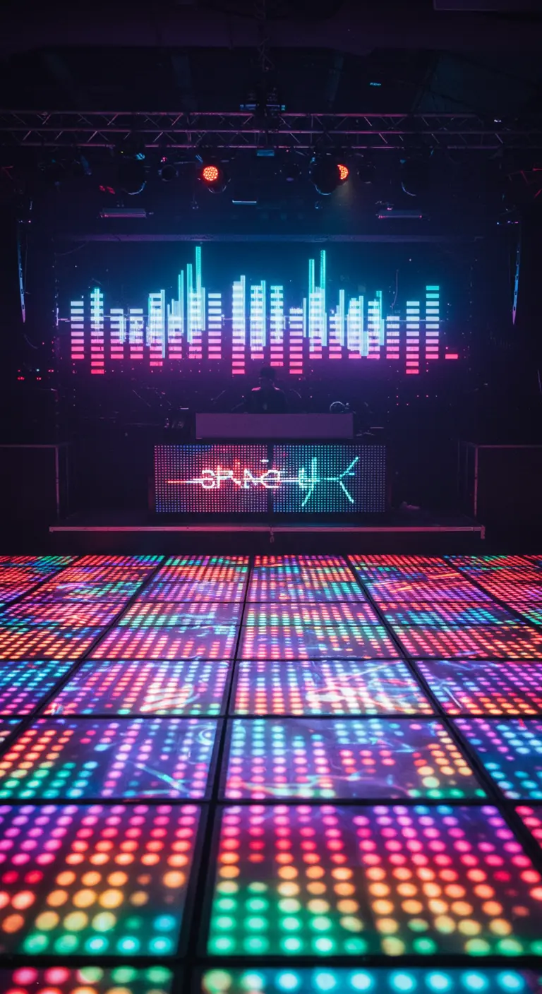 Verlichte dansvloer met kleurrijke LED-tegels en een DJ-booth met een grafische equalizer.