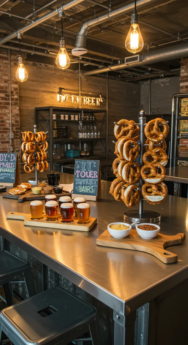 Industriële bar met pretzels, bierproeverij en krijtborden.