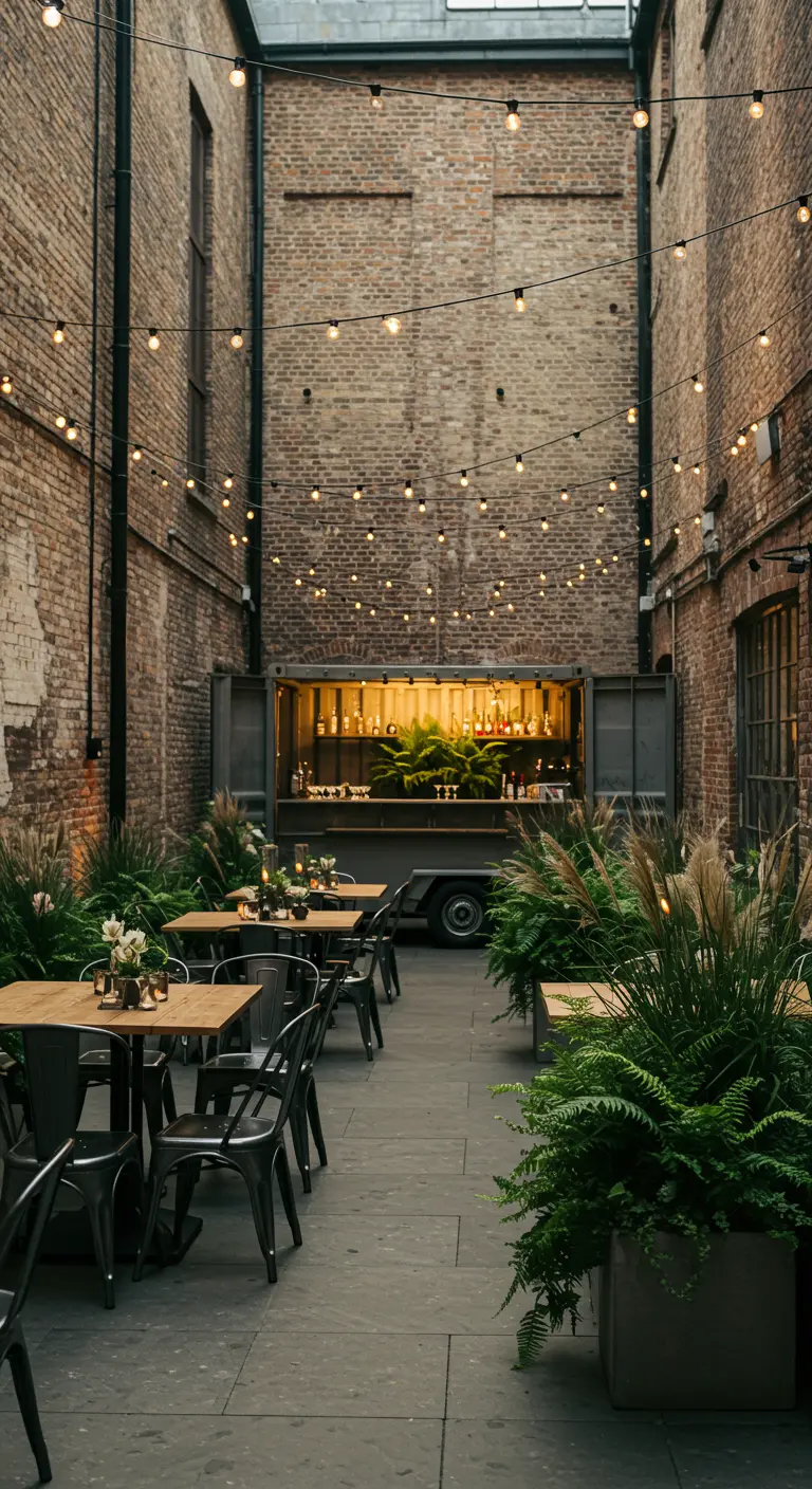 Industriële binnenplaats met bakstenen muren, veel planten, lichtslingers en een containerbar.