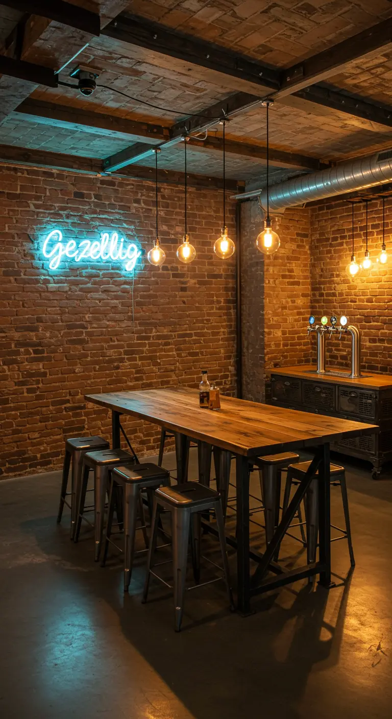 Industriële ruimte met bakstenen muur, hoge houten tafel en een blauw neonbord 'Gezellig'.