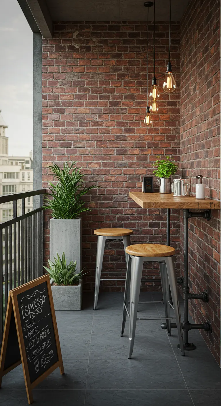 Industrieel balkon met bakstenen muur, bartafel van steigerbuizen en metalen krukken.