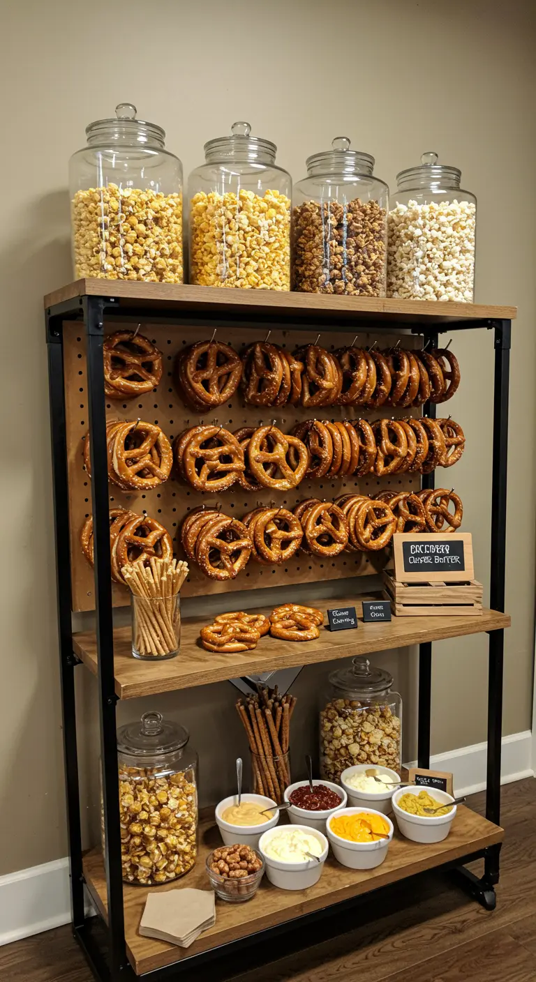 Industrieel rek met potten popcorn en een wand van hangende pretzels.