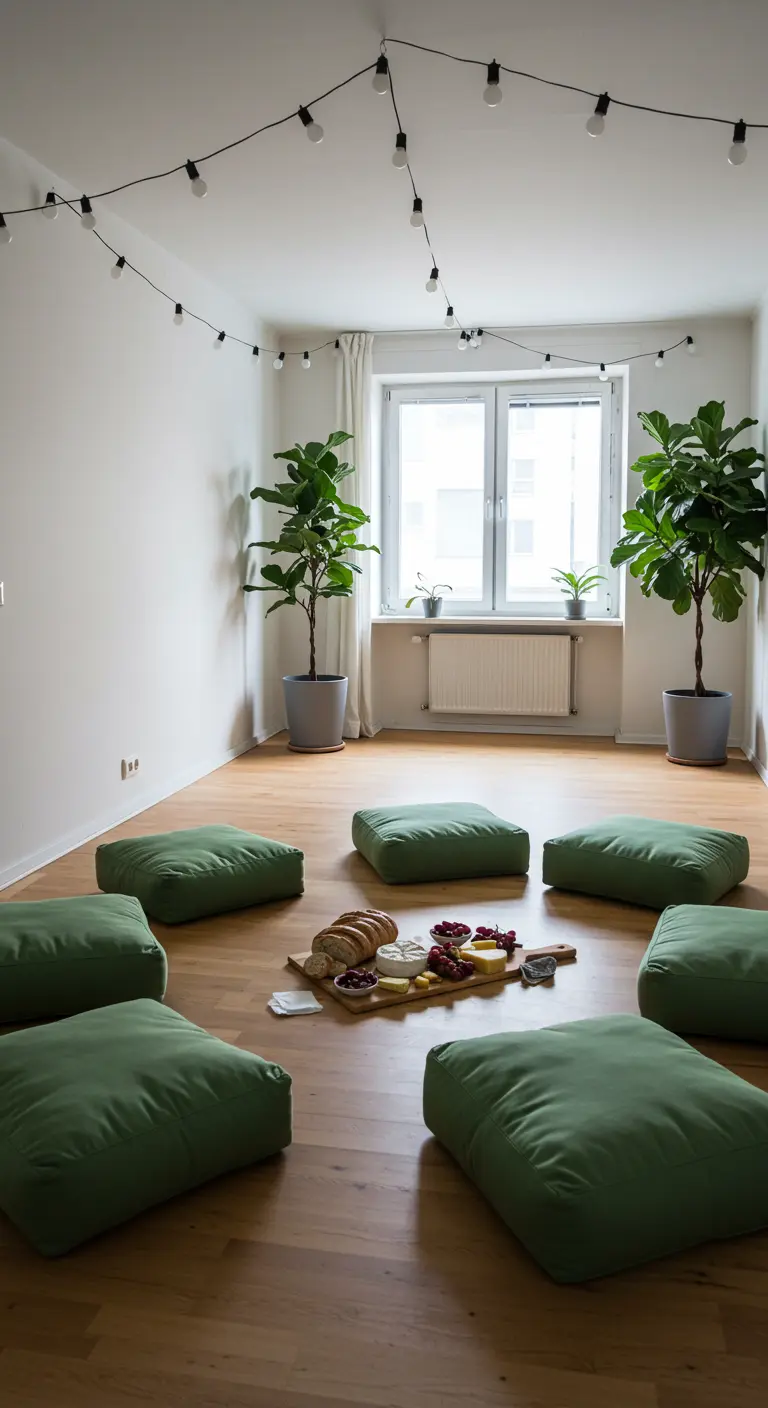 Minimalistische woonkamer met groene vloerkussens in een cirkel en een borrelplank in het midden.