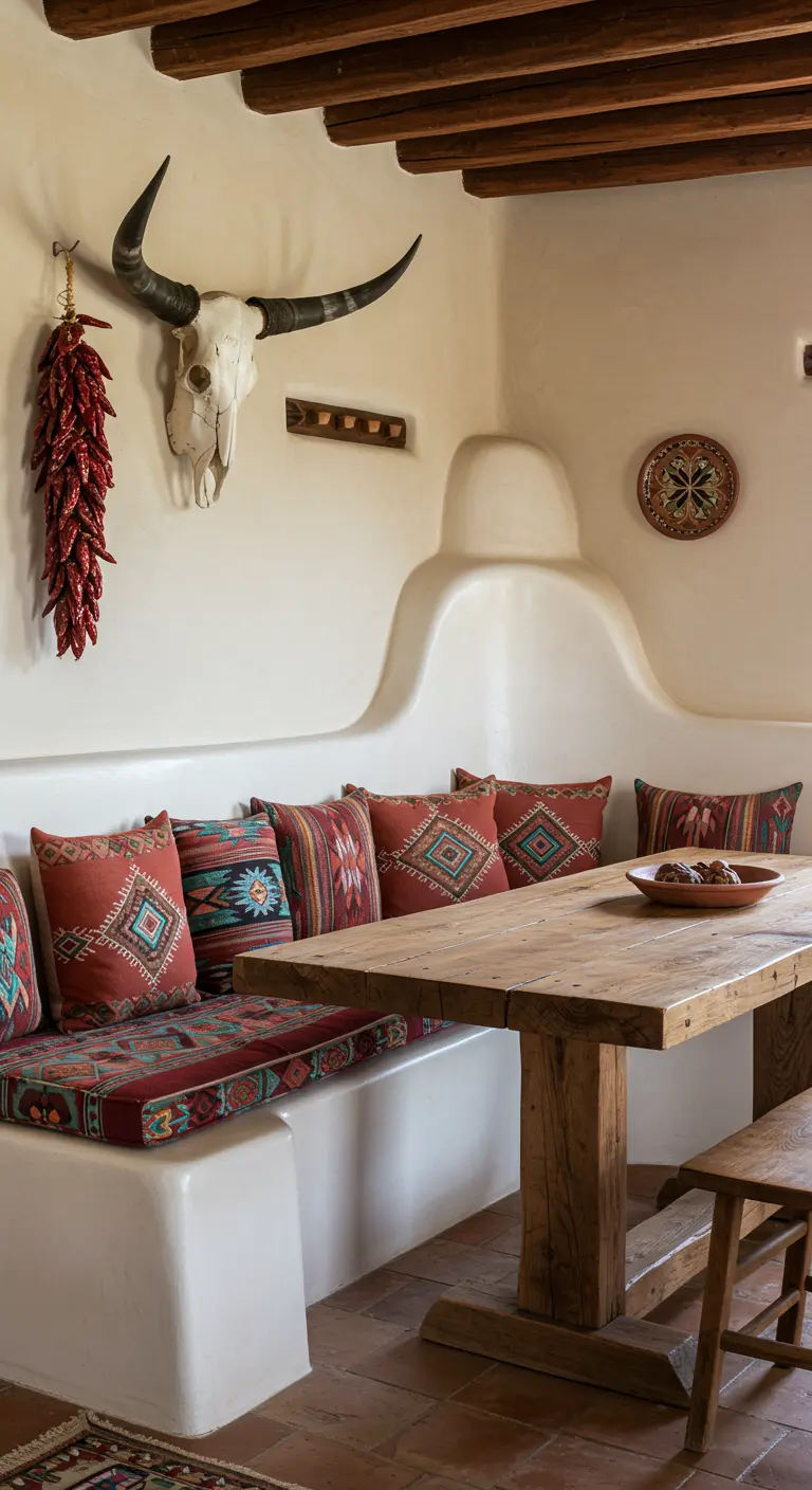 Eethoek met een ingebouwde witte bank, gedecoreerd met kussens in terracotta-patronen.