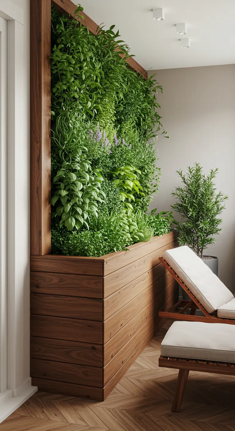 Grote, ingebouwde houten plantenbak die overgaat in een volledige groene wand met kruiden.