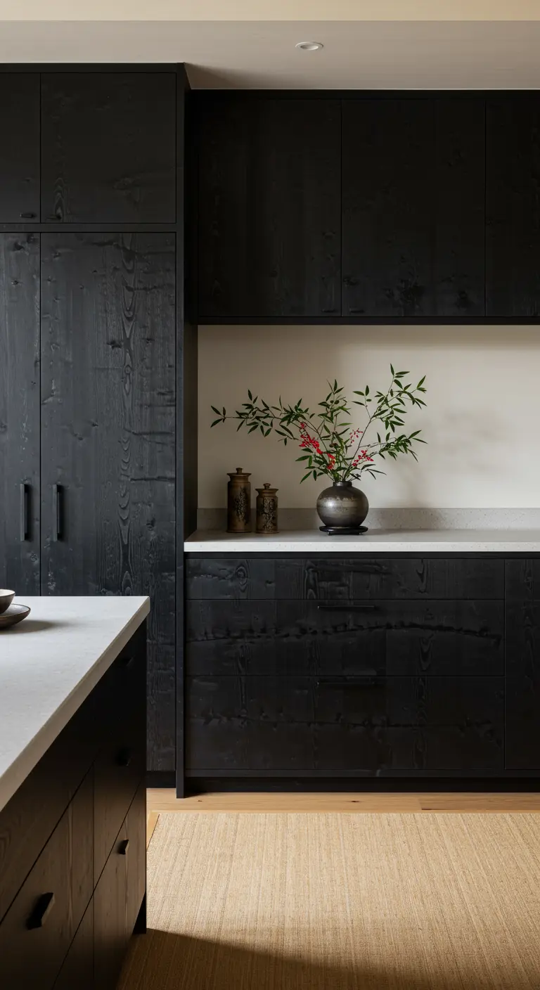 Zwarte keuken in Japandi-stijl met houttextuur, een licht werkblad en een sisal vloerkleed.
