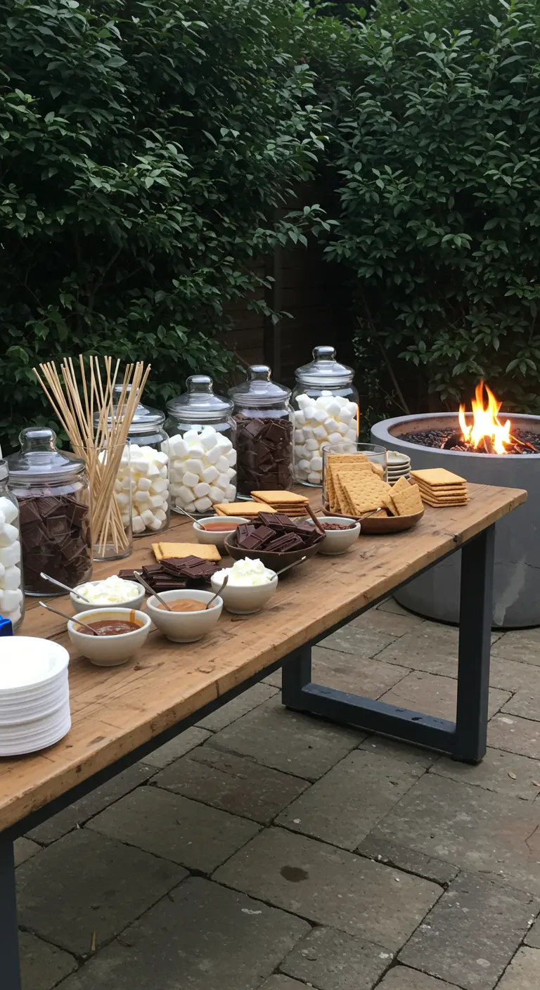 Een houten tafel met glazen potten vol ingrediënten voor s'mores naast een brandende vuurkorf.