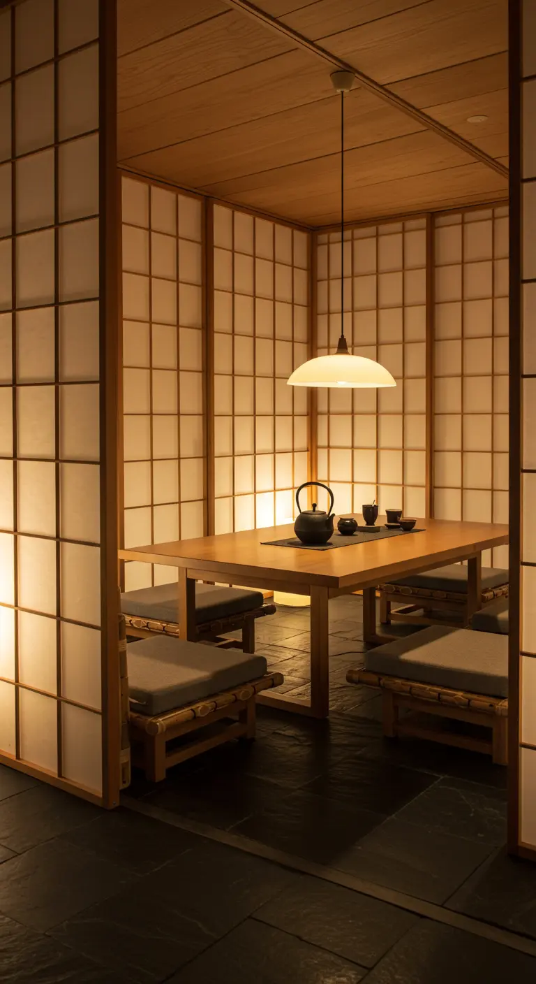 Japanse theekamer met lage tafel, zitkussens en shoji-wanden.