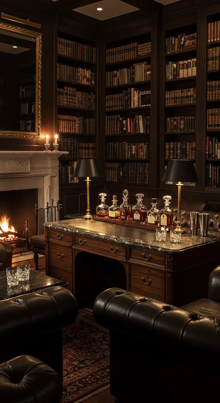 Klassieke studeerkamer met haardvuur en een selectie whisky's op een bureau.
