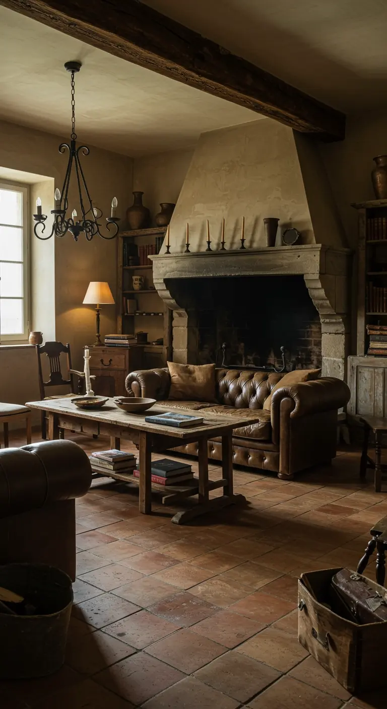 Donkere, rustieke woonkamer met leren Chesterfield, grote schouw en kaarslicht.