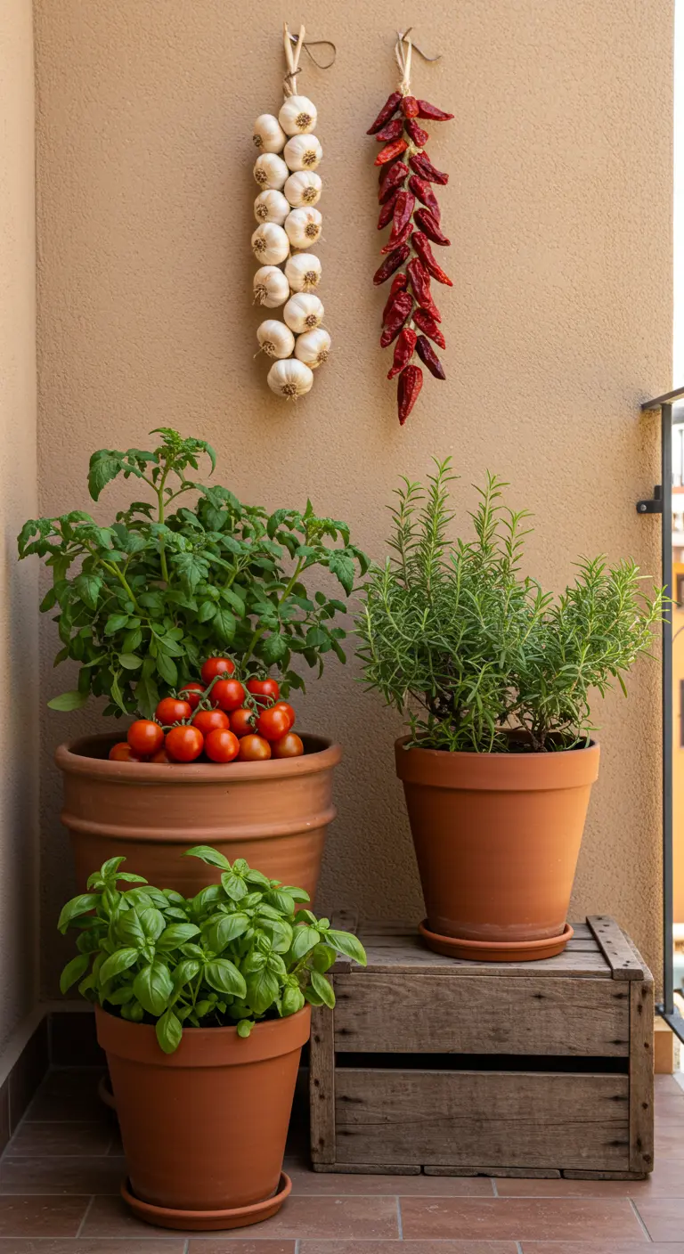Balkon met potten tomaten, basilicum en rozemarijn. Knoflook en pepers hangen aan de muur.