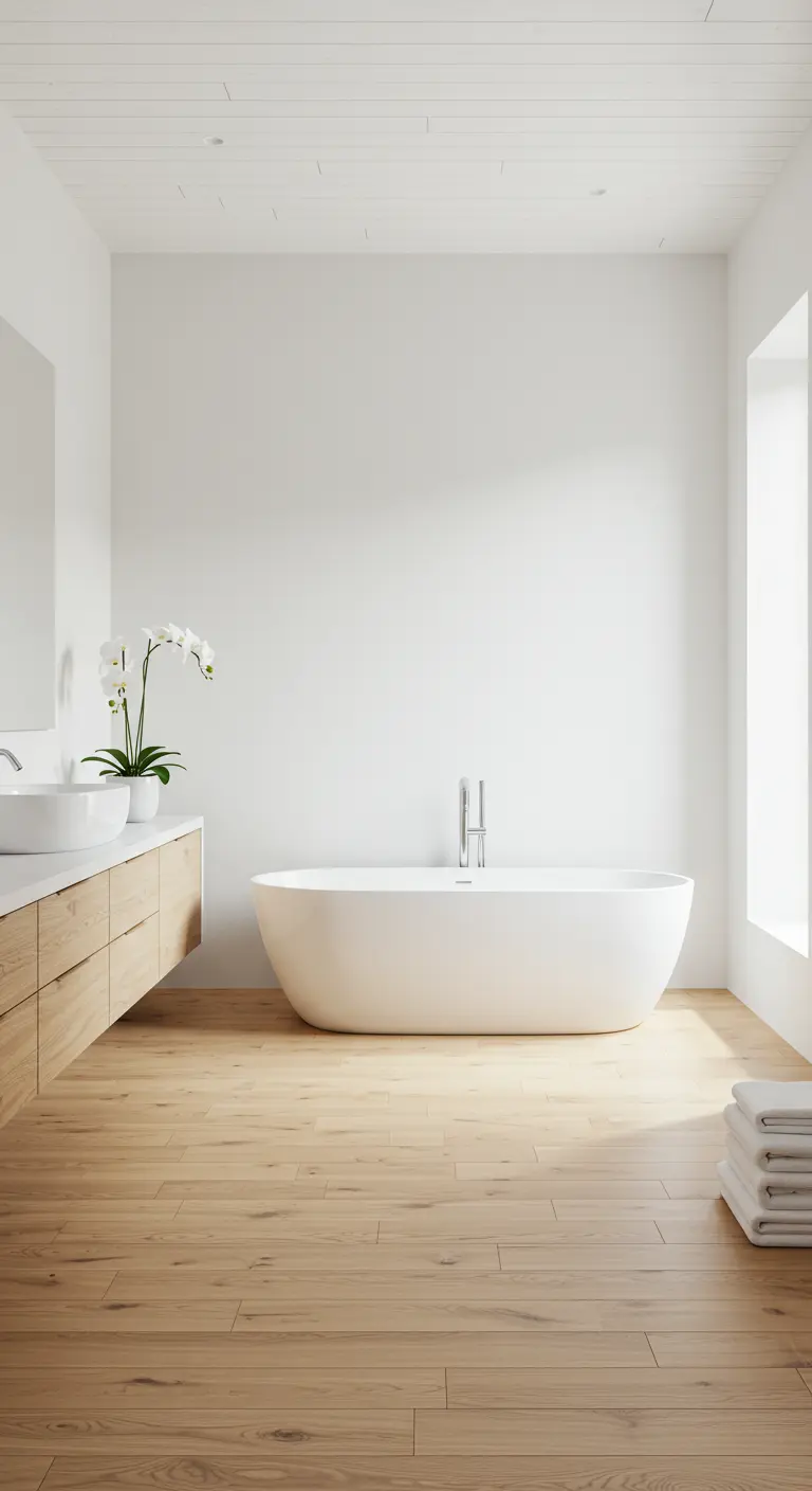 Lichte badkamer met wit vrijstaand bad, houten meubel en witte muren.