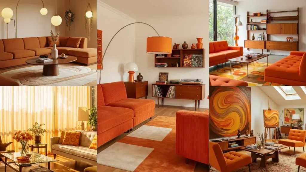 Diverse retro interieurs met oranje banken en walnoothouten meubels, typerend voor de jaren 70 stijl.