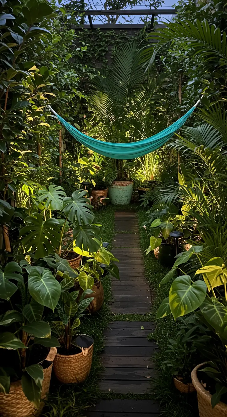 Weelderige, groene stadstuin met een hangmat gespannen tussen de planten en sfeervolle verlichting.