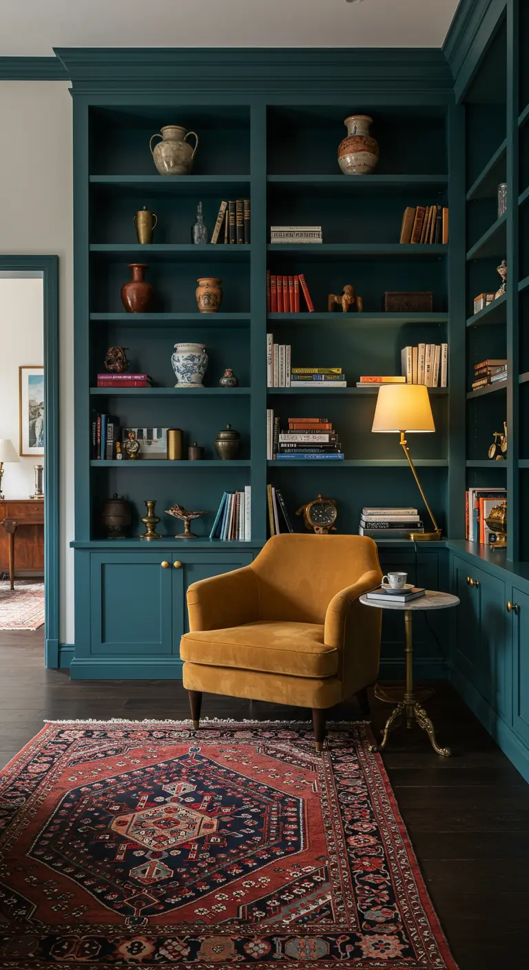 Woonkamer met een petrolblauwe, kamerhoge boekenkast en een okergele fauteuil.