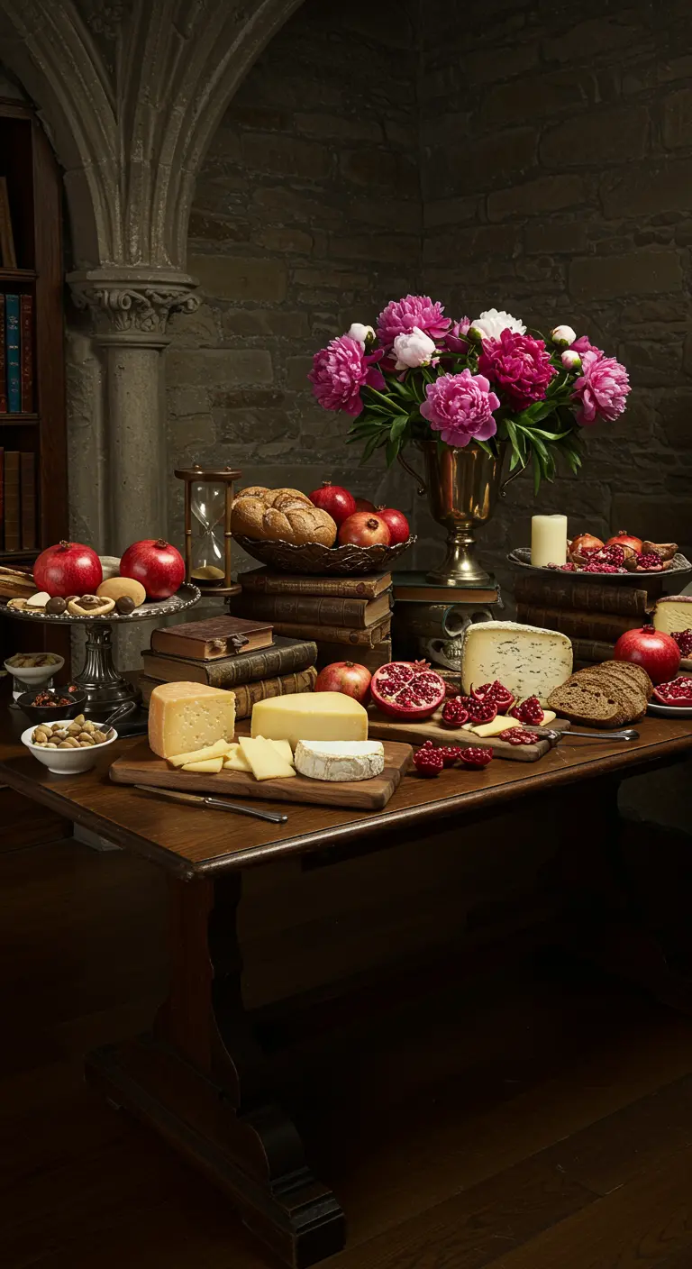 Kaasbuffet met granaatappels, brood en boeken op een houten tafel.