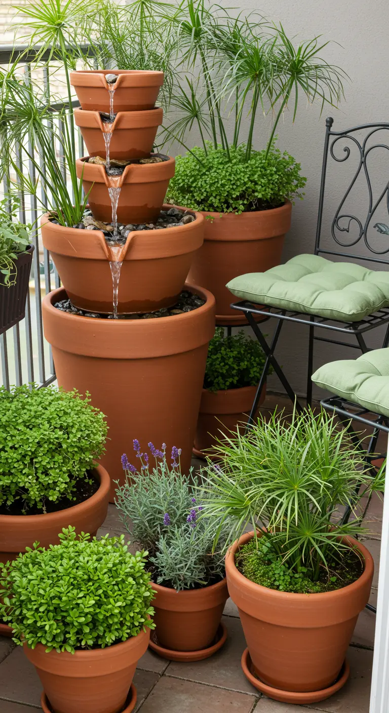 Een waterornament van gestapelde terracotta potten, omringd door groene planten.