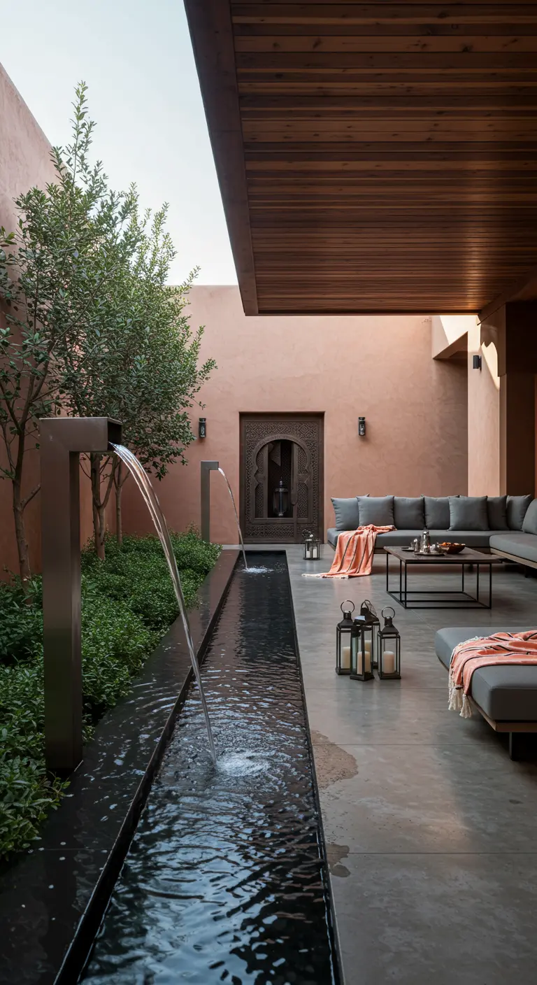 Moderne patio met een lang, smal waterkanaal en een loungehoek op de achtergrond.