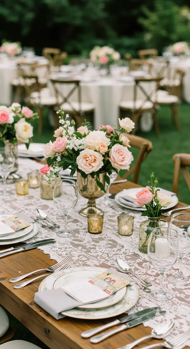 Houten tafel gedecoreerd met een brede kanten loper, vintage servies en roze rozen.