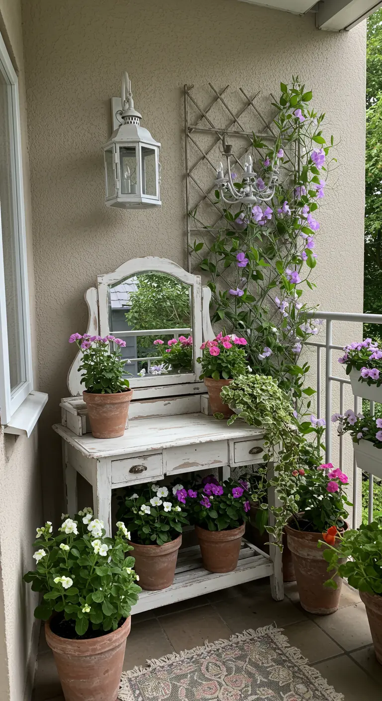 Oude witte kaptafel op een balkon, gebruikt als display voor planten in terracotta potten.