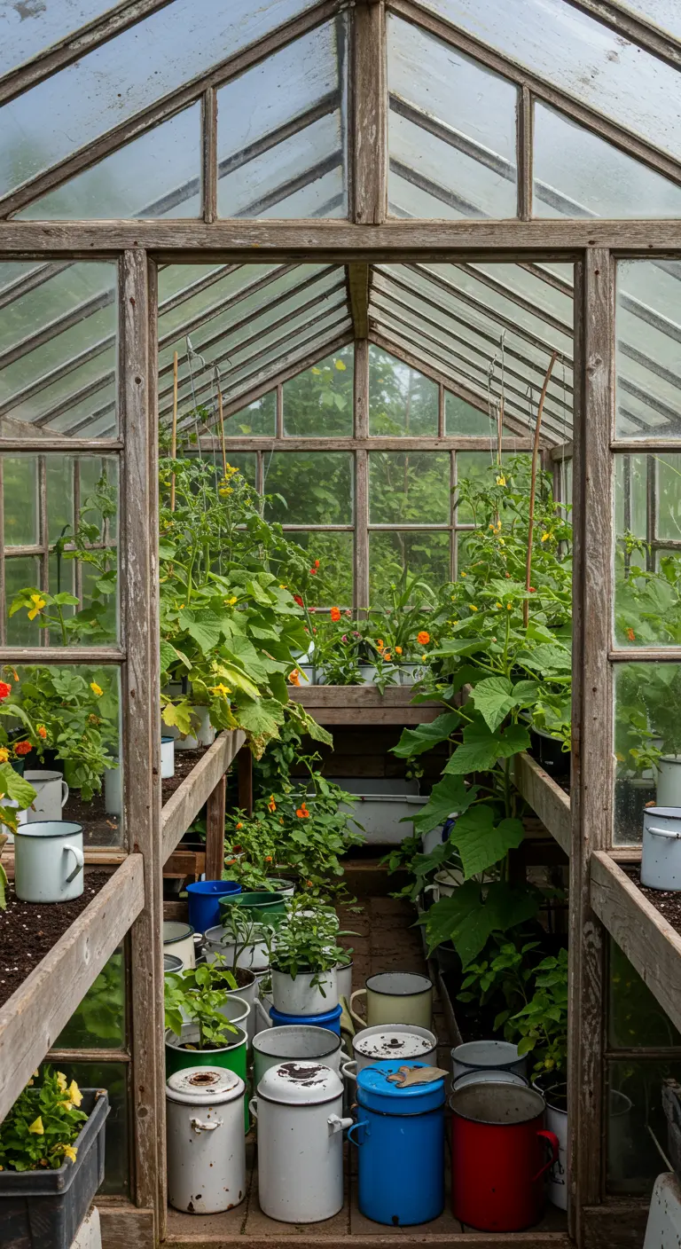 Binnenkant van een houten kas vol met tomatenplanten en een verzameling oude emaille potten.