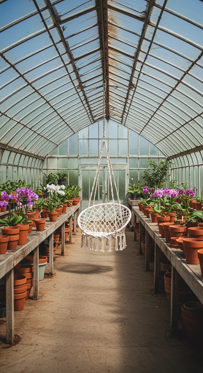 Witte macramé hangstoel in het middenpad van een grote glazen kas vol orchideeën.