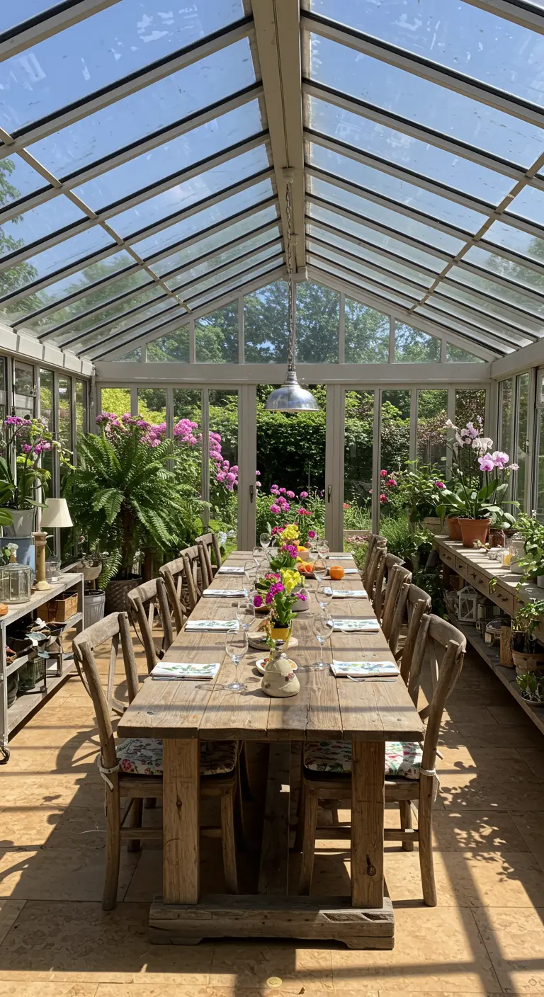 Lange houten eettafel in een glazen kas, omringd door orchideeën en varens.