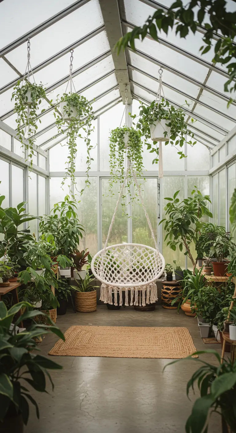 Witte macramé hangstoel in een lichte kas, omgeven door een overvloed aan hangplanten en potplanten.