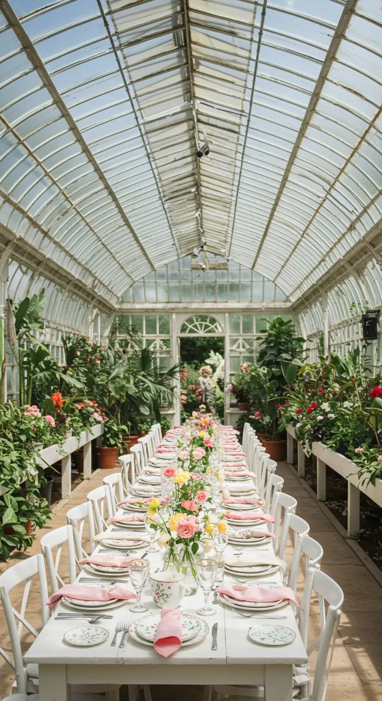 Lange witte eettafel in een glazen kas, gedecoreerd met roze bloemen en servetten.