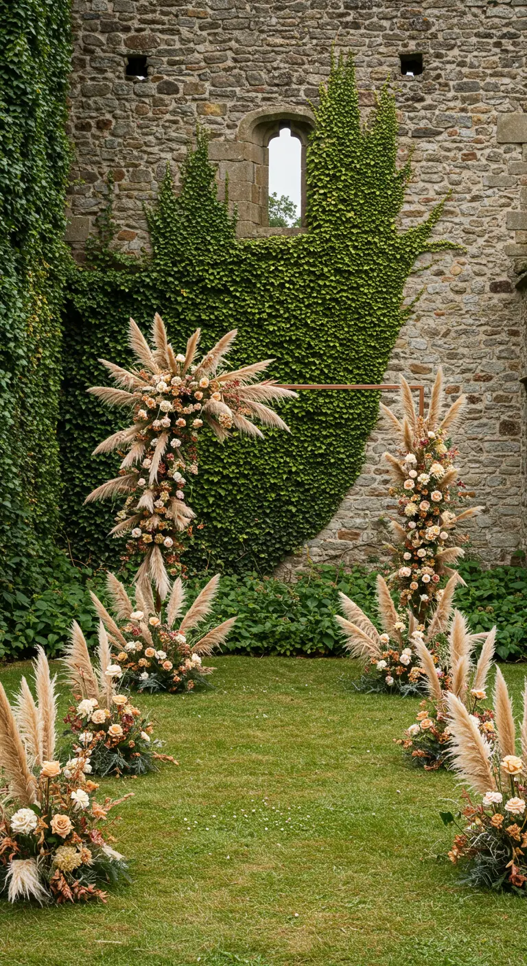 Trouwopstelling in een kasteeltuin met asymmetrische droogbloemstukken voor een met klimop begroeide muur.