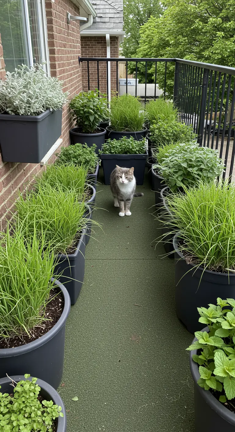 Kat staat tussen hoge potten met kattengras en kruiden op een groen balkon.