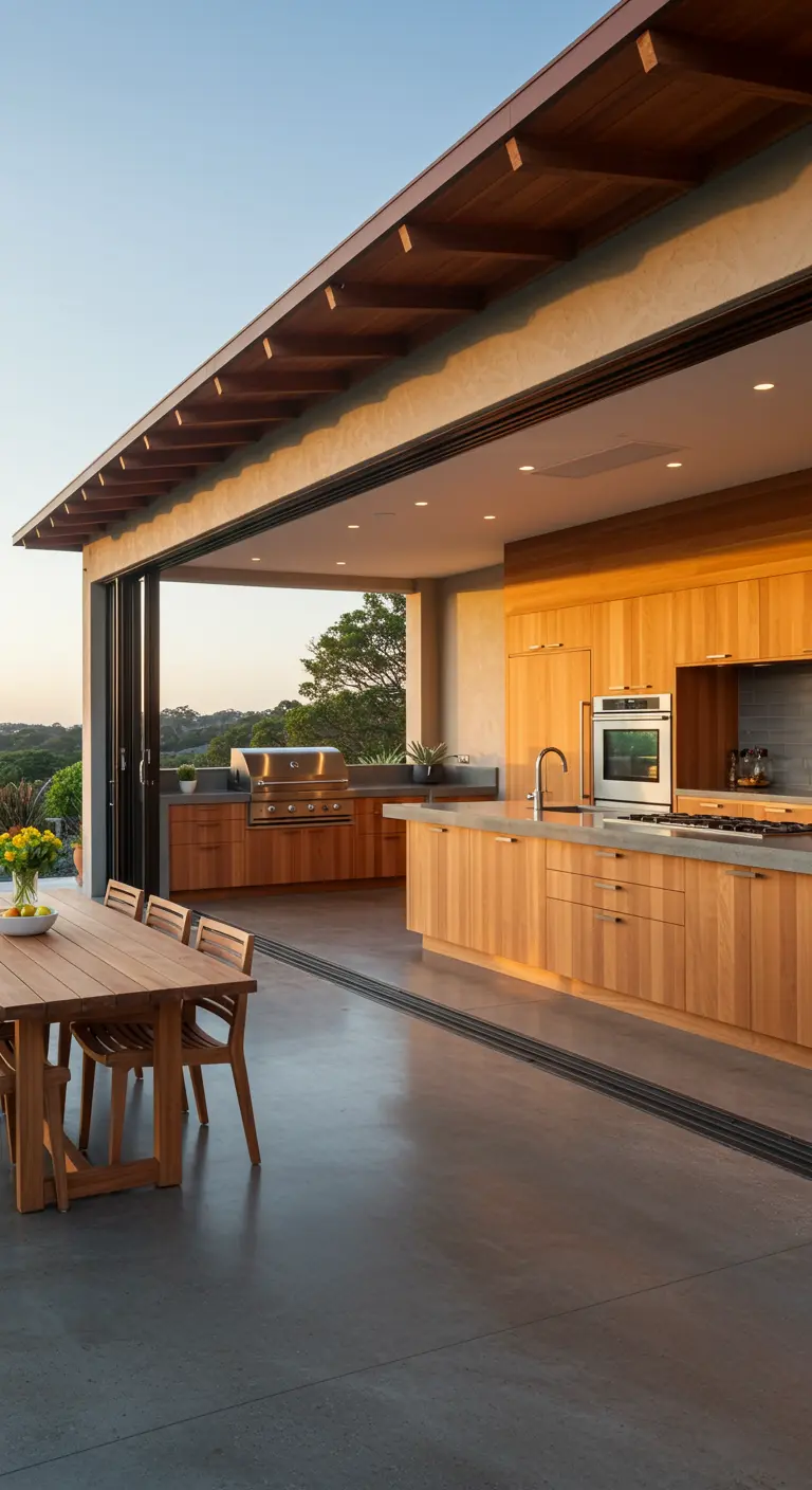 Open keuken met houten kasten en betonnen vloer die overloopt naar een terras met eettafel.