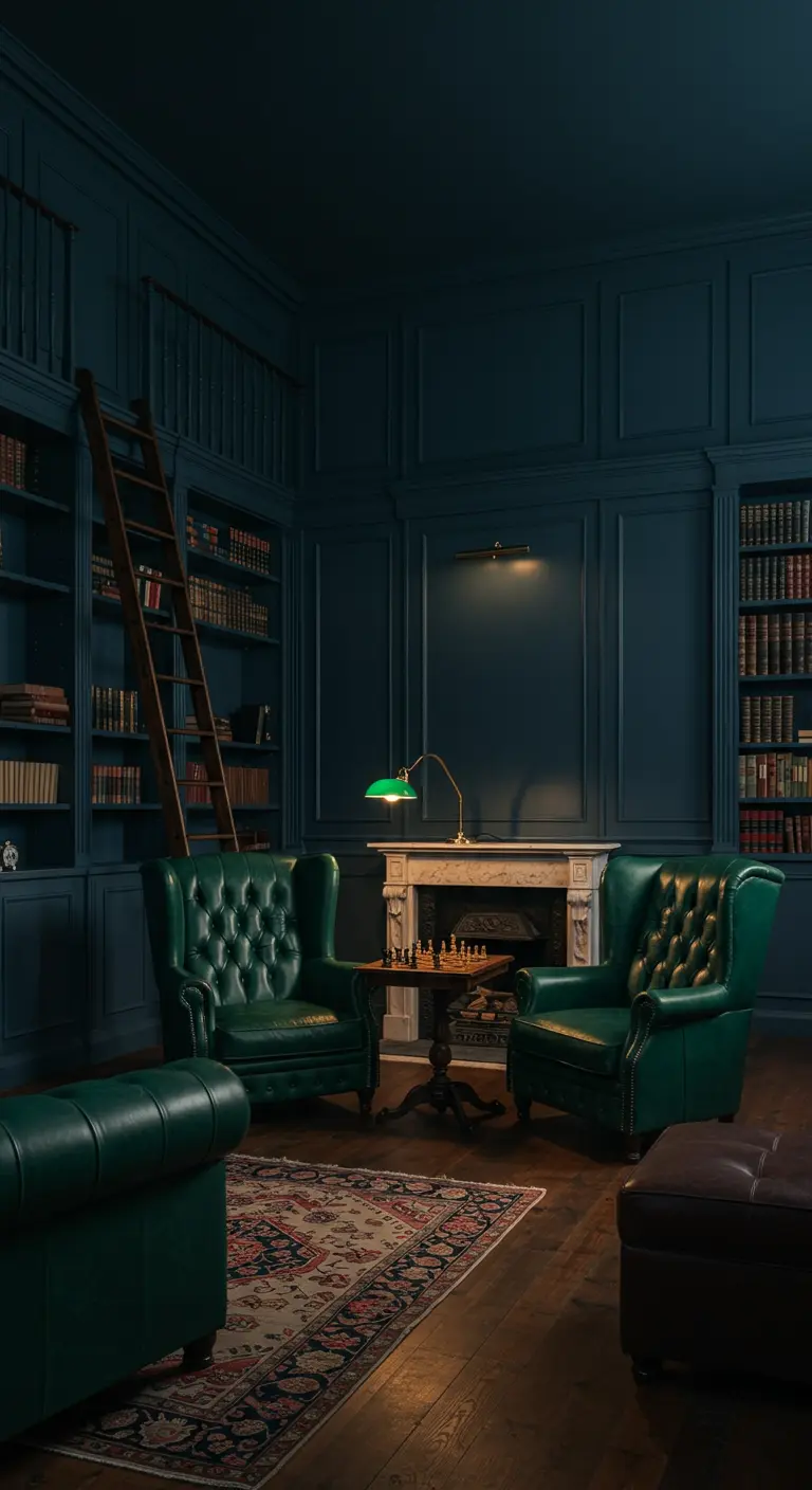 Klassieke bibliotheek met donkerblauwe muren, groene leren fauteuils, een haard en een bibliotheektrap.