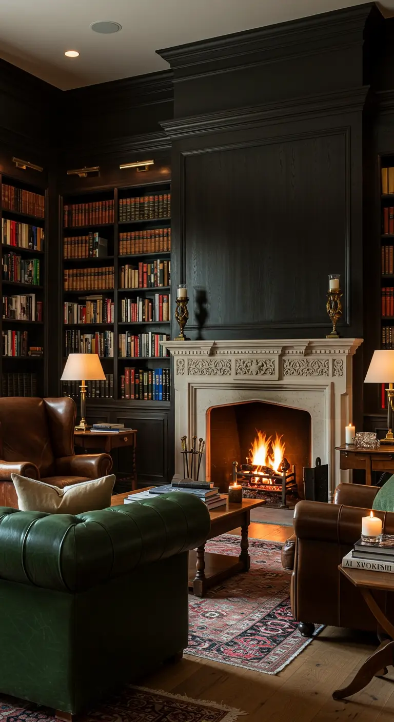 Klassieke bibliotheek met donkere boekenkasten, groene bank, open haard en kaarsen.