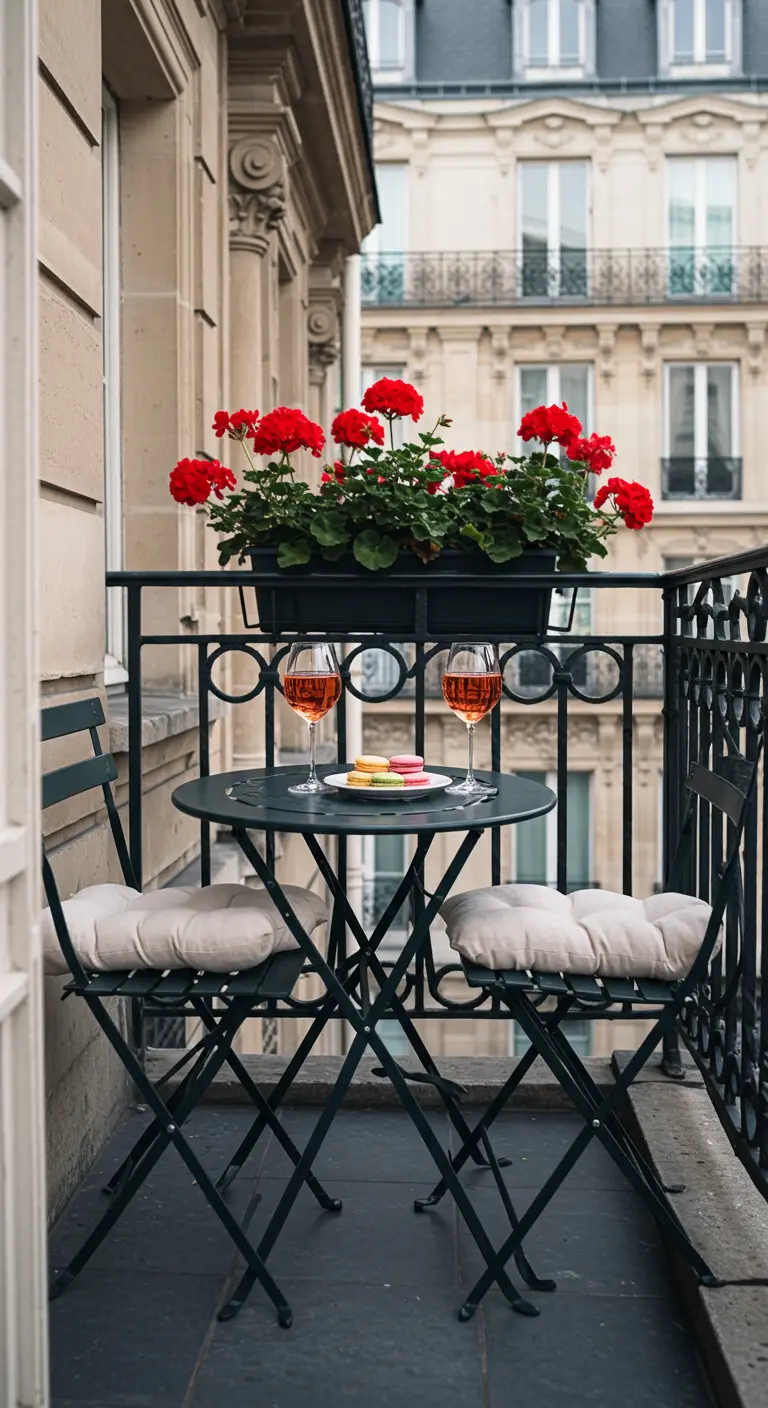 Zwarte Parijse bistrotafel met twee stoelen op een klein balkon met rode geraniums.