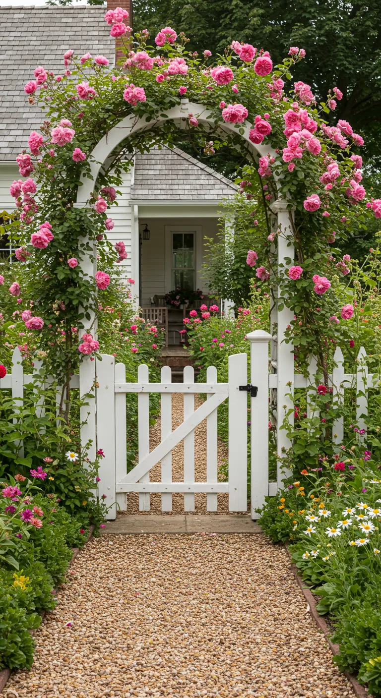 Witte houten rozenboog, rijkelijk begroeid met roze rozen, boven een grindpad en een wit hekje.