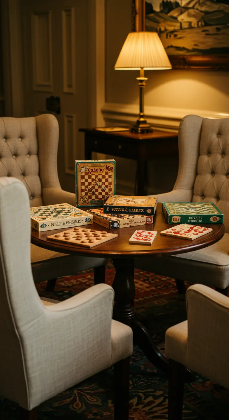 Gezellige hoek met fauteuils en een tafel vol klassieke bordspellen.