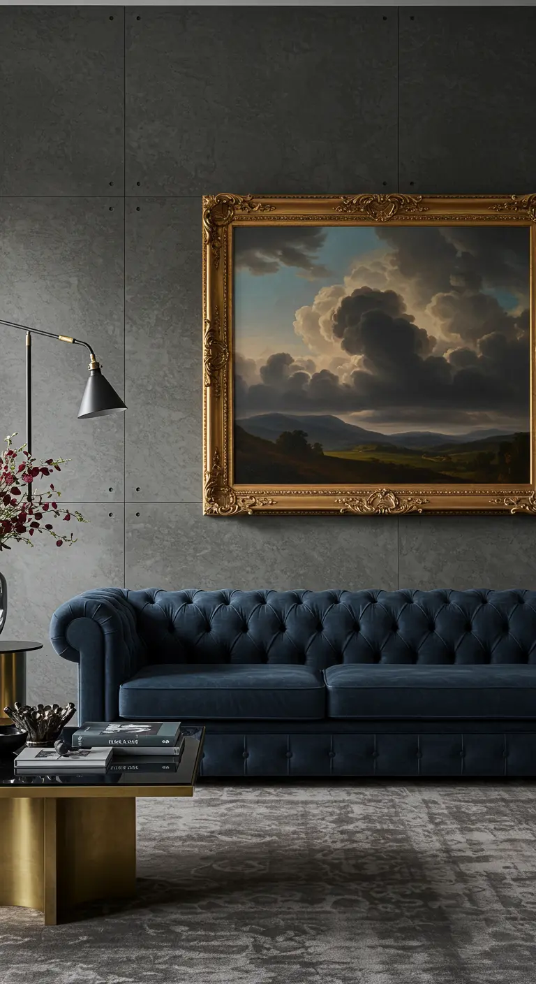 Donkere woonkamer met een blauwe Chesterfield bank en een klassiek schilderij in gouden lijst.
