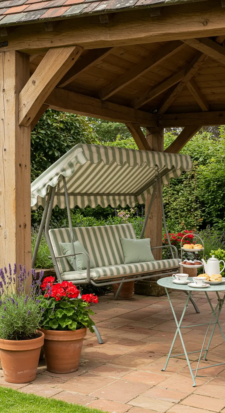 Klassieke schommelbank met groen-wit gestreept luifel op een terras, met een theeservies ernaast.