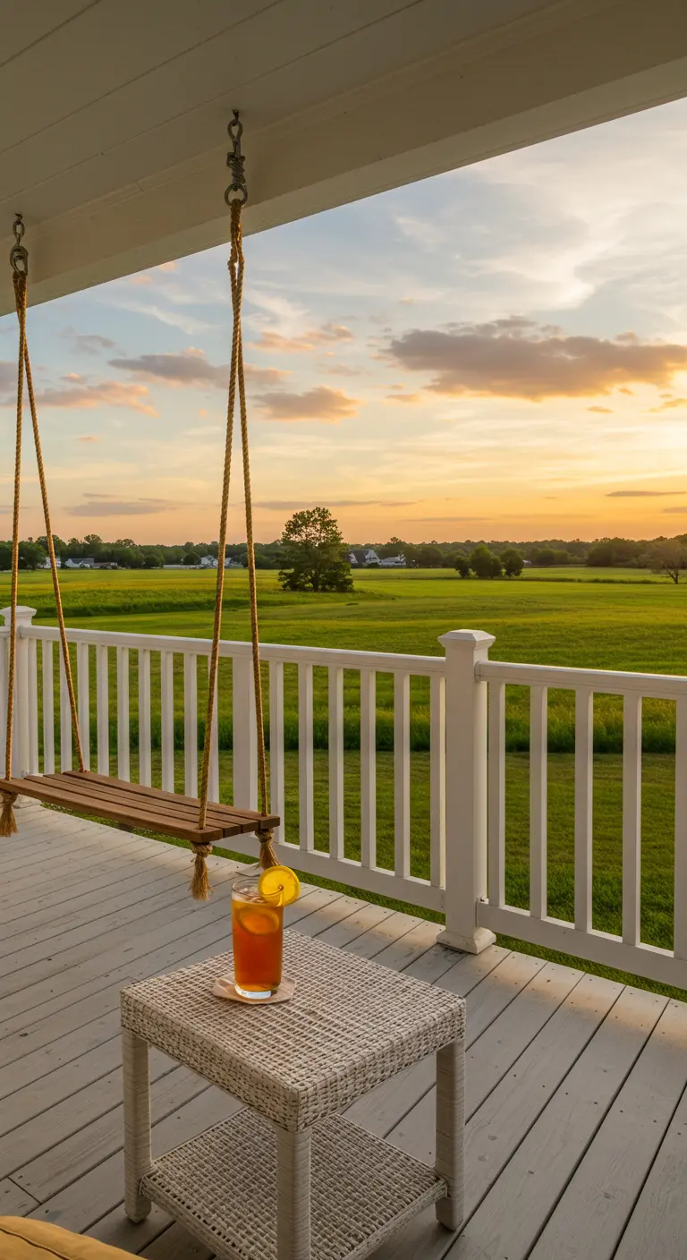 Houten schommelbank hangend aan touwen op een veranda met uitzicht op het platteland.