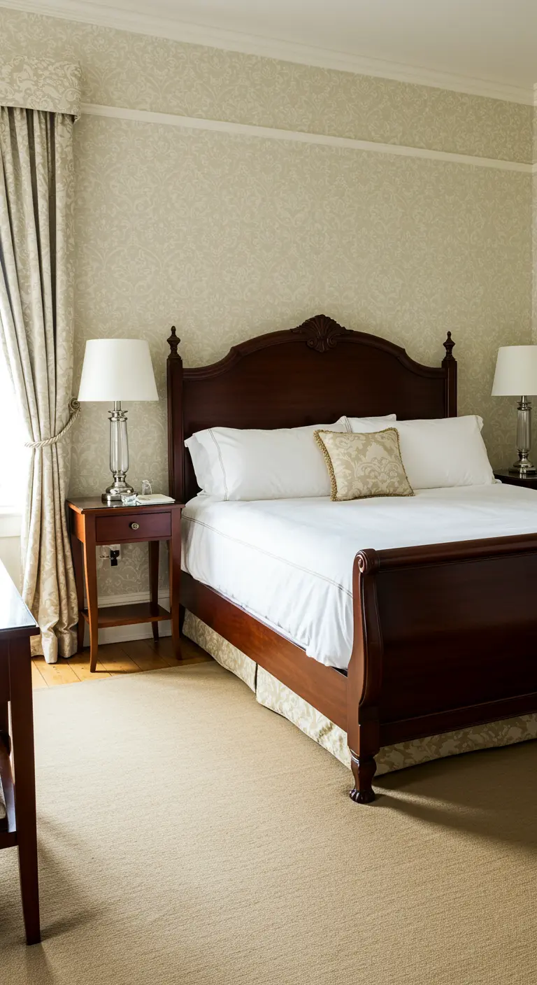 Traditionele slaapkamer met een donkerhouten sledebed, damastbehang en klassieke tafellampen.