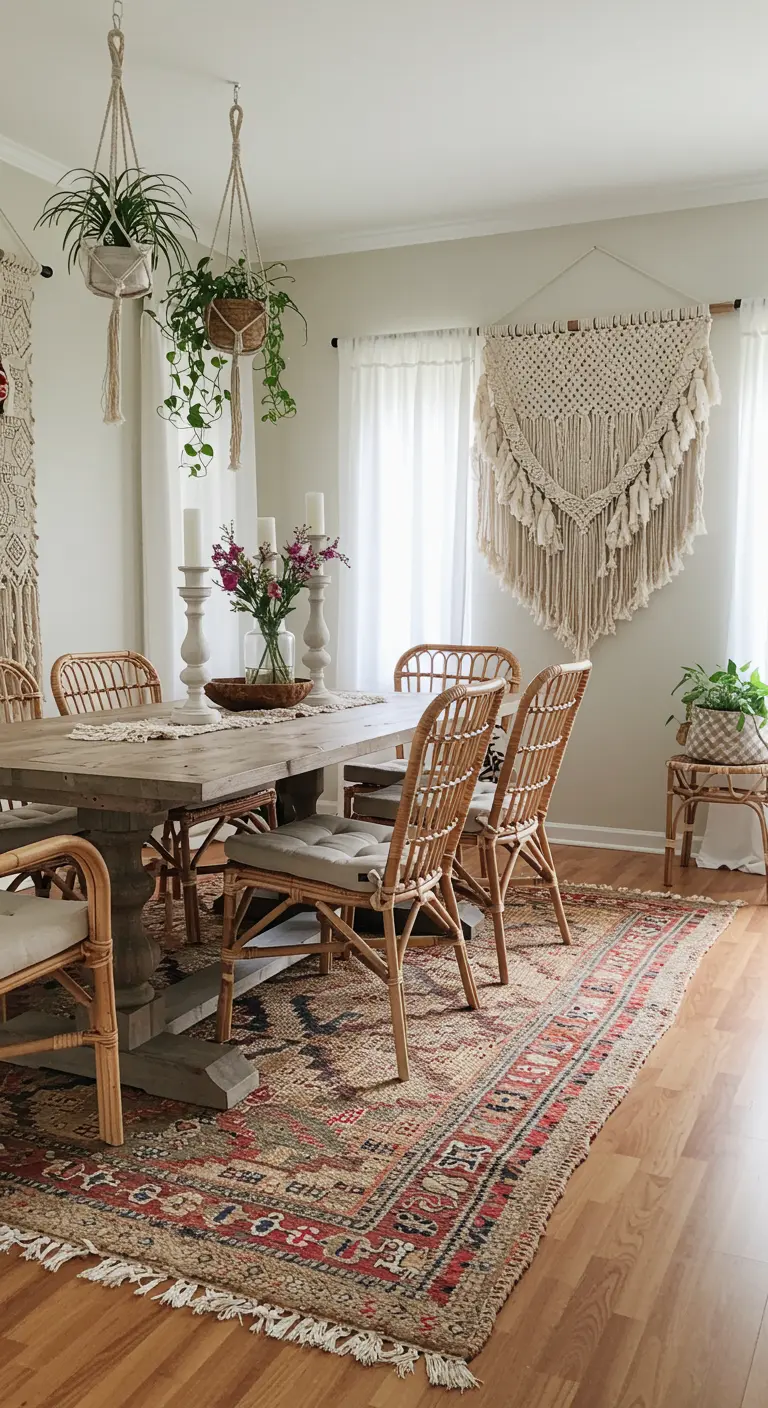 Klassieke bohemien eetkamer met een houten tafel, rotan stoelen en een groot macramé wandkleed.