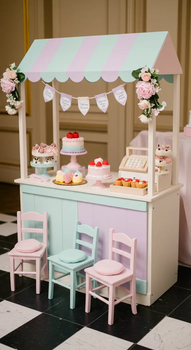 Pastelkleurig patisseriekraampje voor kinderen met houten taartjes en bloemendecoratie.